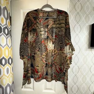 Umgee M/L kimono beautiful print with pompoms around sleeves